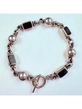 Modernist Petrified Fossilized Wood Ball Chain Sterling Silver 925 VTG Bracelet